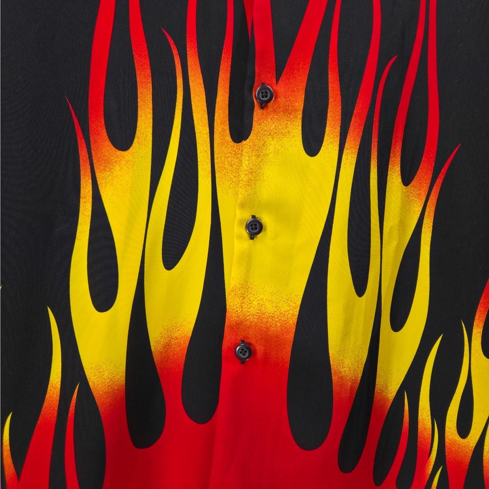 Y2K Flame Button Up Shirt Mens Medium Black Red Hot Rod Rockabilly Retro VTG